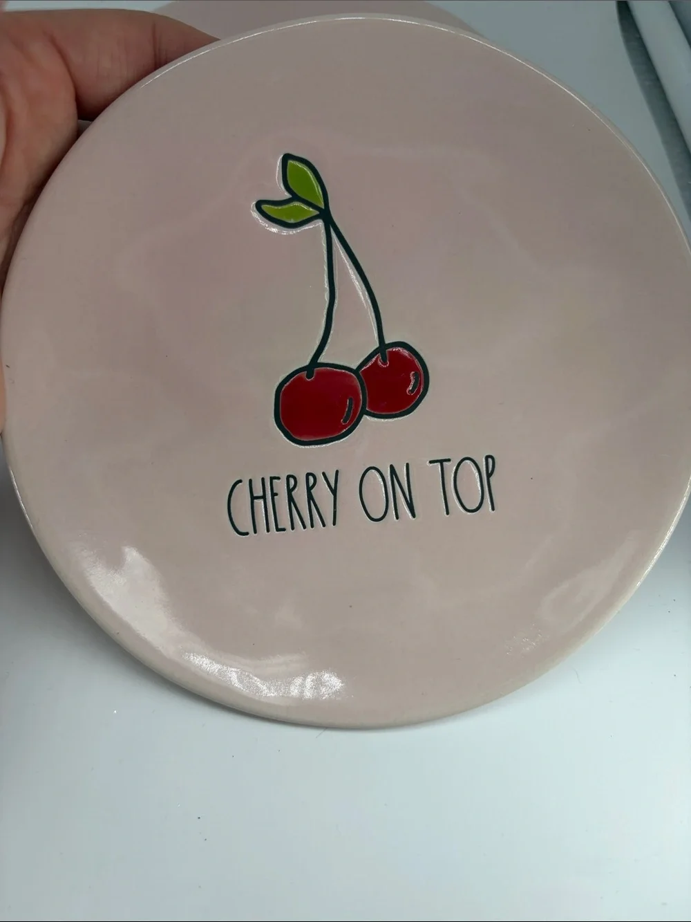 Rae Dunn Pink 'Cherry On Top' Dessert Plates - Red Cherry Design 6”